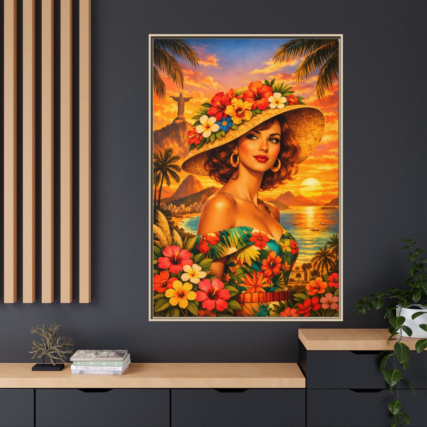 Elegant glamorous vintage woman in Rio de Janeiro front of Christ the Redeemer statue, retro Brazilian travel fashion illustration Canvas — Framed