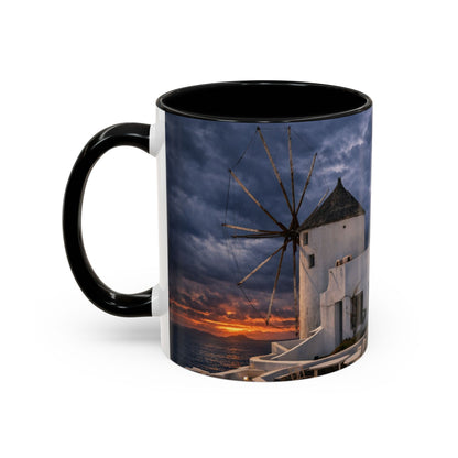 Santorini Windmill Storm Coffee Mug | Dramatic Sky Greek Travel Gift