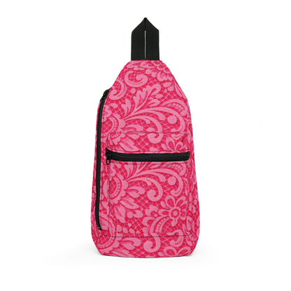 Pink Damask Sling Bag – Floral Pattern Crossbody Backpack for Everyday Travel