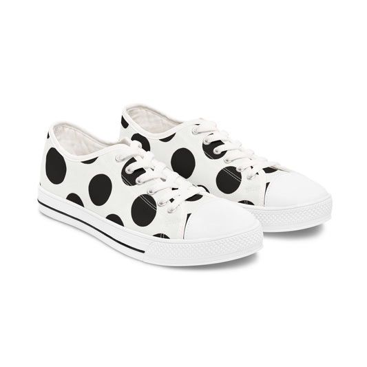 Polka Dot Low Top Sneakers — Women's Black & White Casual Canvas Shoes
