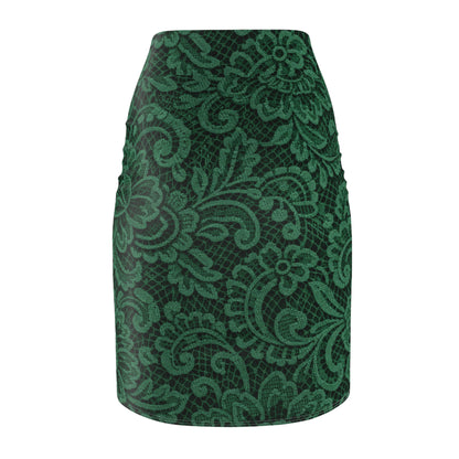 Emerald Lace Pencil Skirt — Elegant Floral Print AOP
