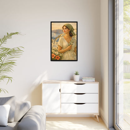 Oia Santorini Greek Woman Portrait — Romantic Vintage Framed Matte Canvas Art