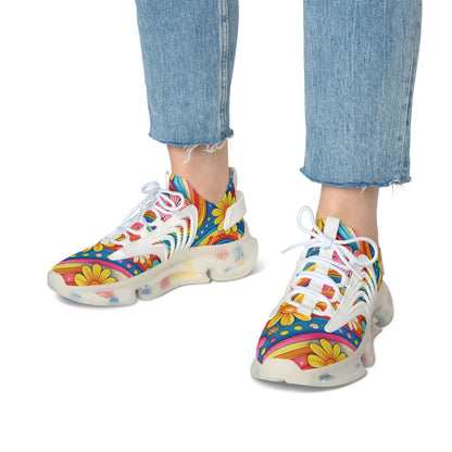 Mesh Sneakers — Colorful Retro Floral Heart Pattern