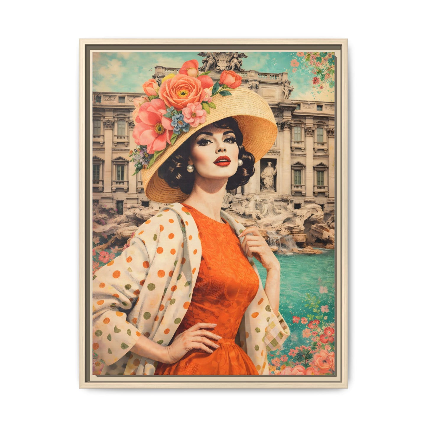 Elegant glamorous vintage woman in Rome front of Trevi Fountain, retro Italian travel fashion illustration,Framed Matte Canvas Art