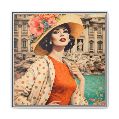 Elegant glamorous vintage woman in Rome front of Trevi Fountain, retro Italian travel fashion illustration,Framed Matte Canvas Art