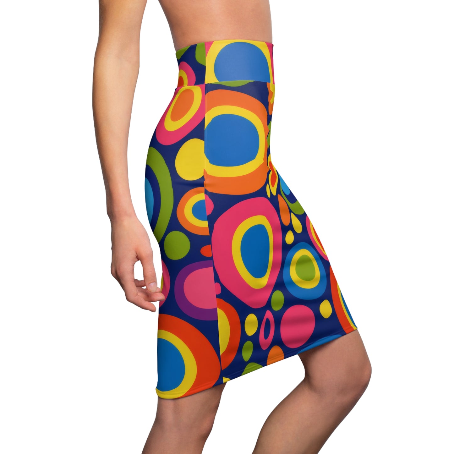 Retro Rainbow Circles Pencil Skirt — Bold 60s Mod Print