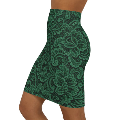 Green Lace Floral Pencil Skirt — Mid‑Waist Bodycon