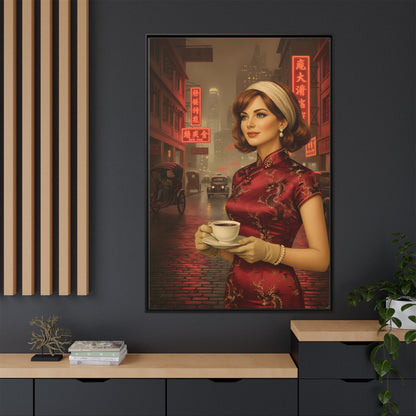 Elegant vintage woman drinking coffee on neon street in Hong Kong Canvas — Framed Matte Wall Art