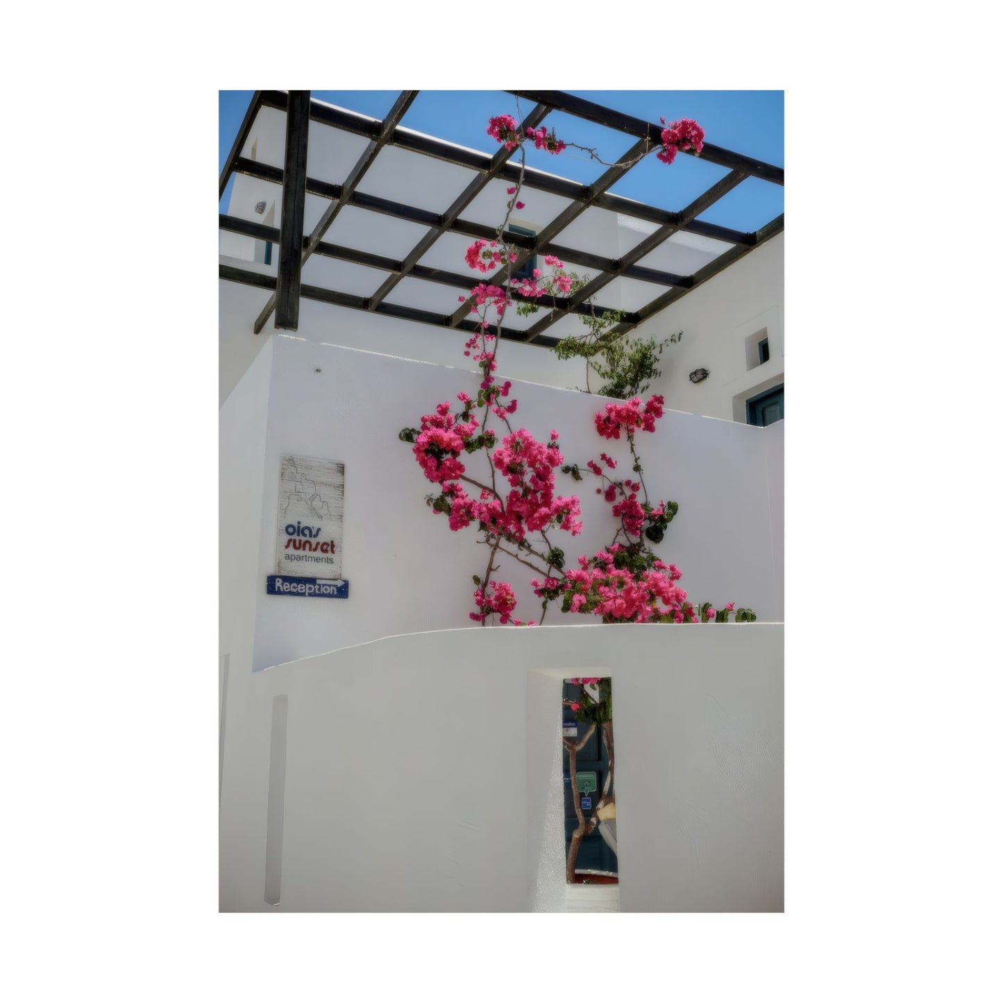 Santorini Bougainvillea Poster, Oia Greece White Architecture Art, Mediterranean Floral Wall Decor, Greek Island Photography Print Art Decor