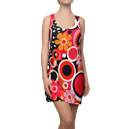Retro Floral Racerback Dress — Pink & Red Mod Circles Print