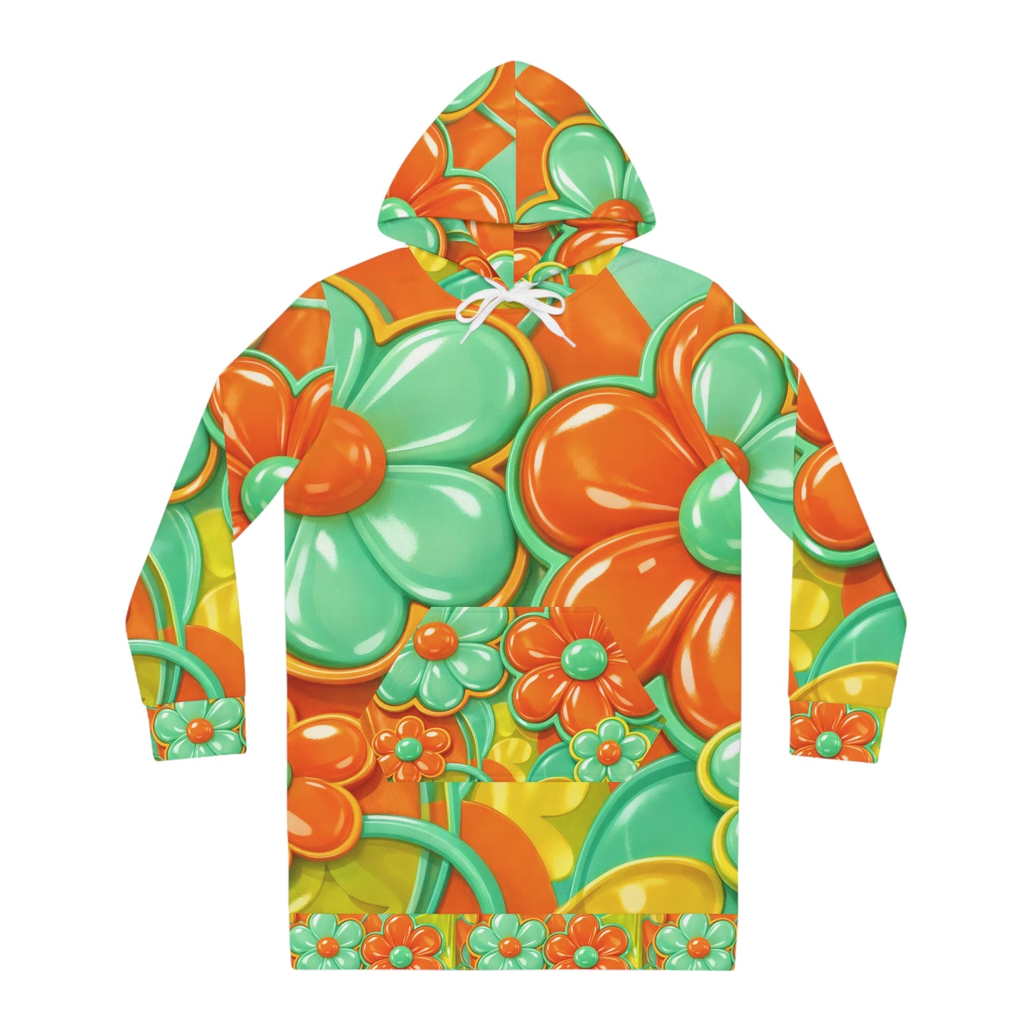 Retro Floral Hoodie Dress - Orange & Teal 60s Flower Power All-Over Print