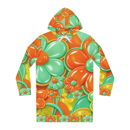 Retro Floral Hoodie Dress - Orange & Teal 60s Flower Power All-Over Print
