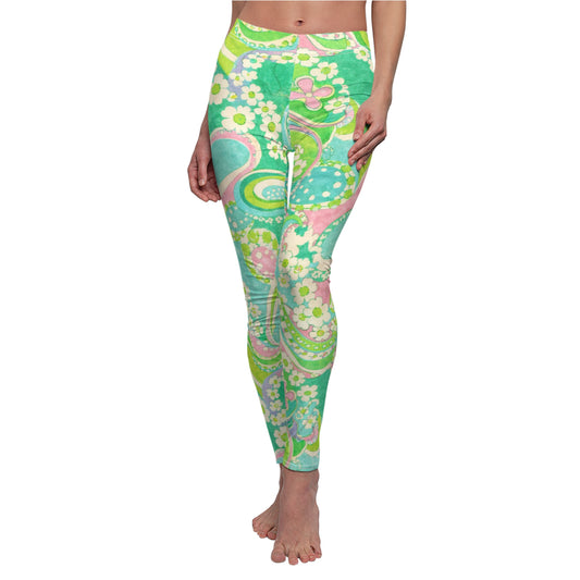 Floral Paisley Leggings — Retro Green & Pink All-Over Print