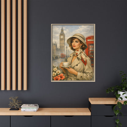 Elegant vintage woman drinking tea in front of Big Ben in London, retro British travel fashion illustration Matte Canvas