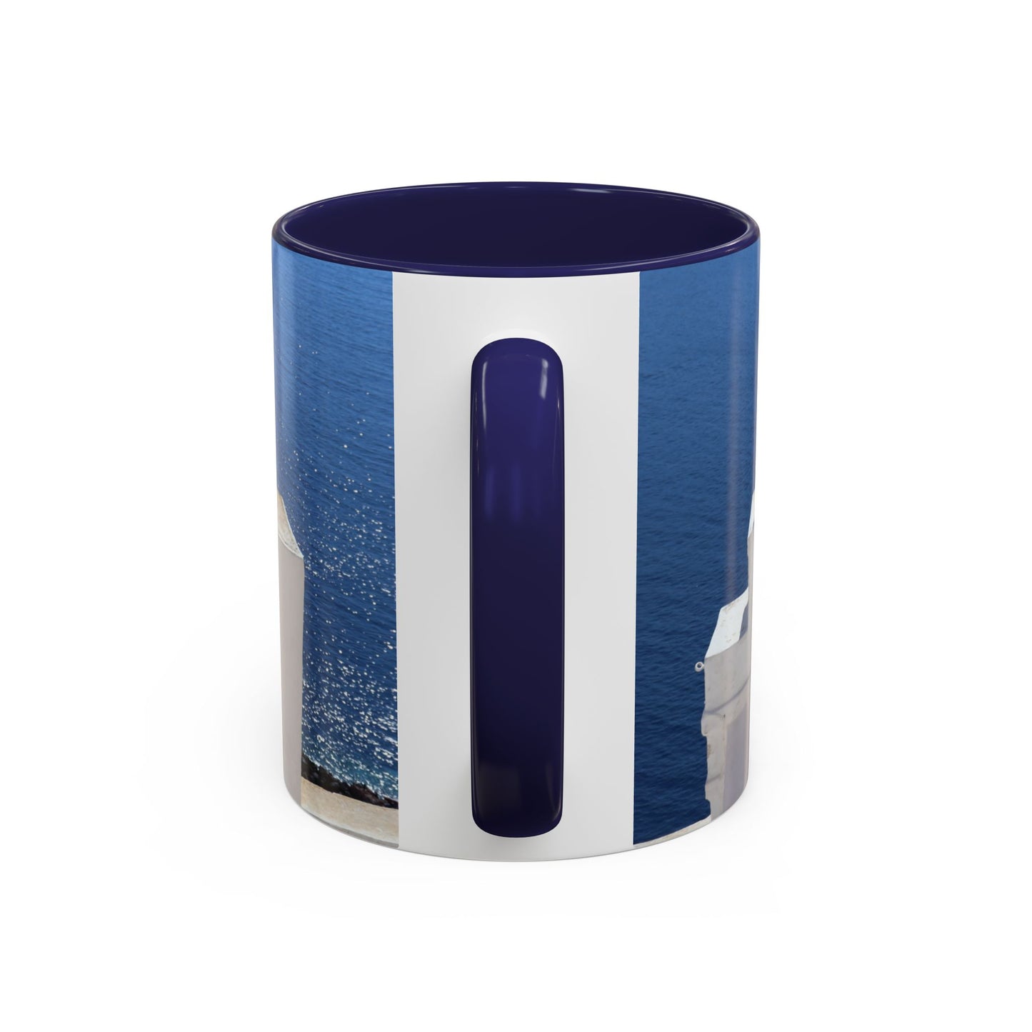 Santorini Bell Towers coffee mug | Greek island scene, blue sea accent mug