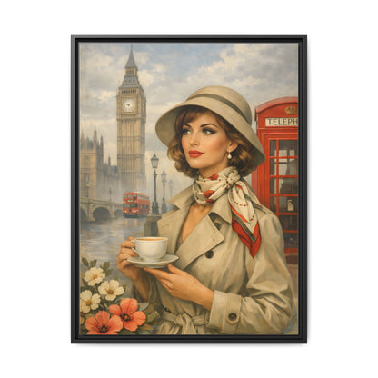 Elegant vintage woman drinking tea in front of Big Ben in London, retro British travel fashion illustration Matte Canvas