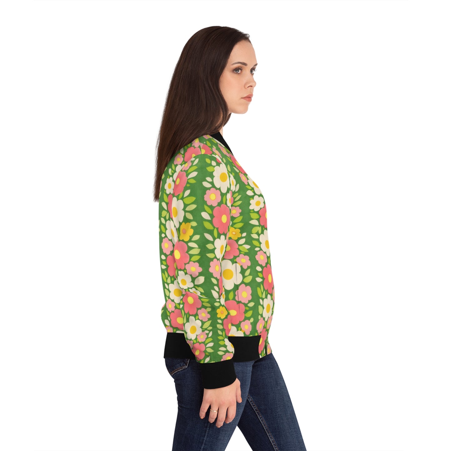 Floral Stripe Bomber Jacket - Retro Pink & Green All-Over Print