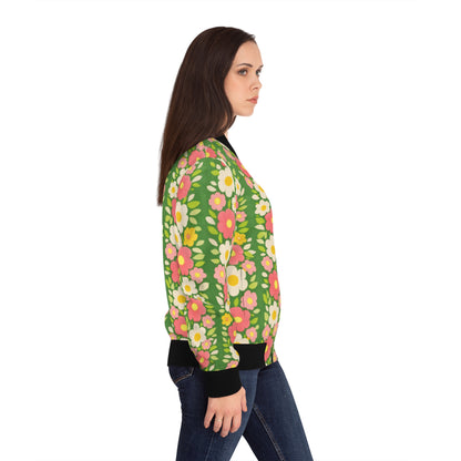 Floral Stripe Bomber Jacket - Retro Pink & Green All-Over Print