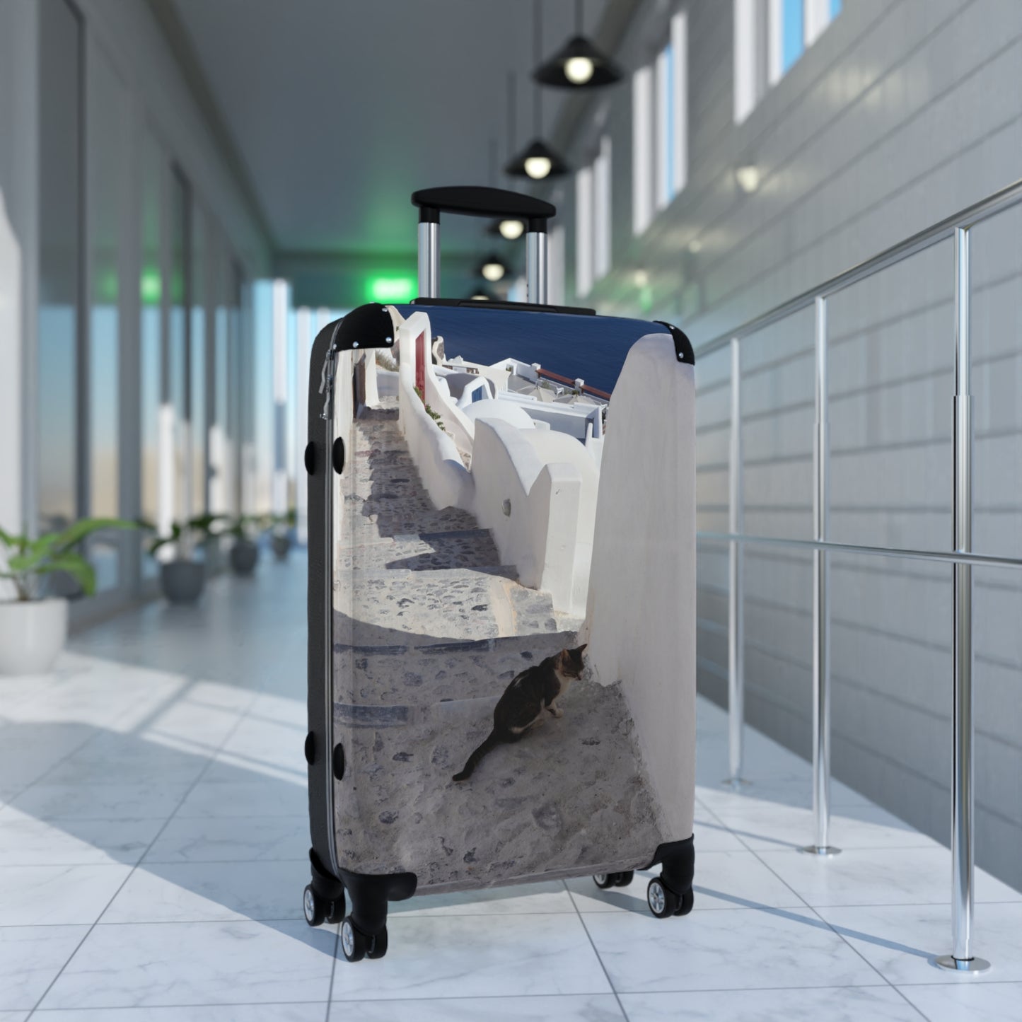 Luxury Santorini Oia Suitcase — Ghost City Edition — Lone Cat on Empty Streets Photography