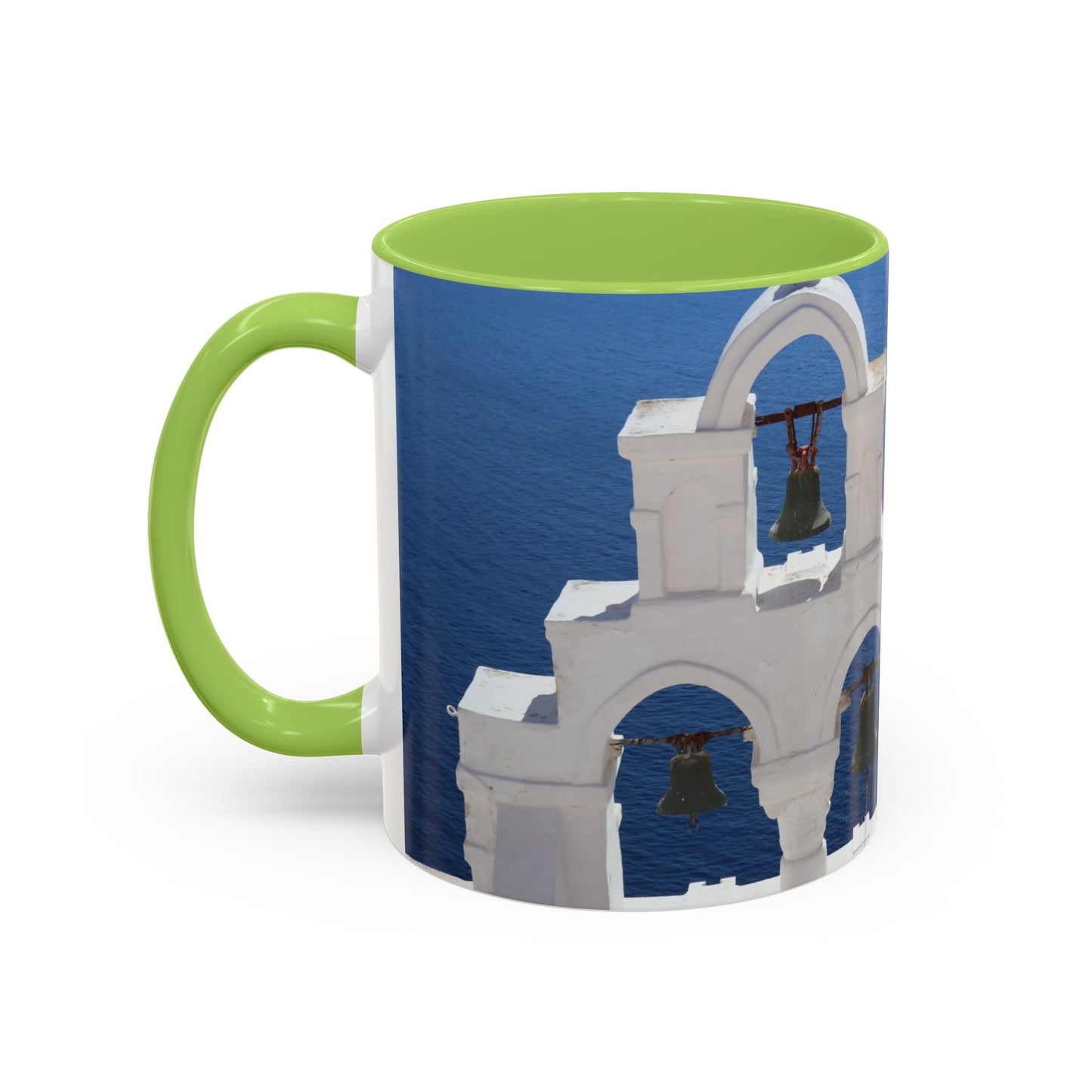 Santorini Bell Towers coffee mug | Greek island scene, blue sea accent mug