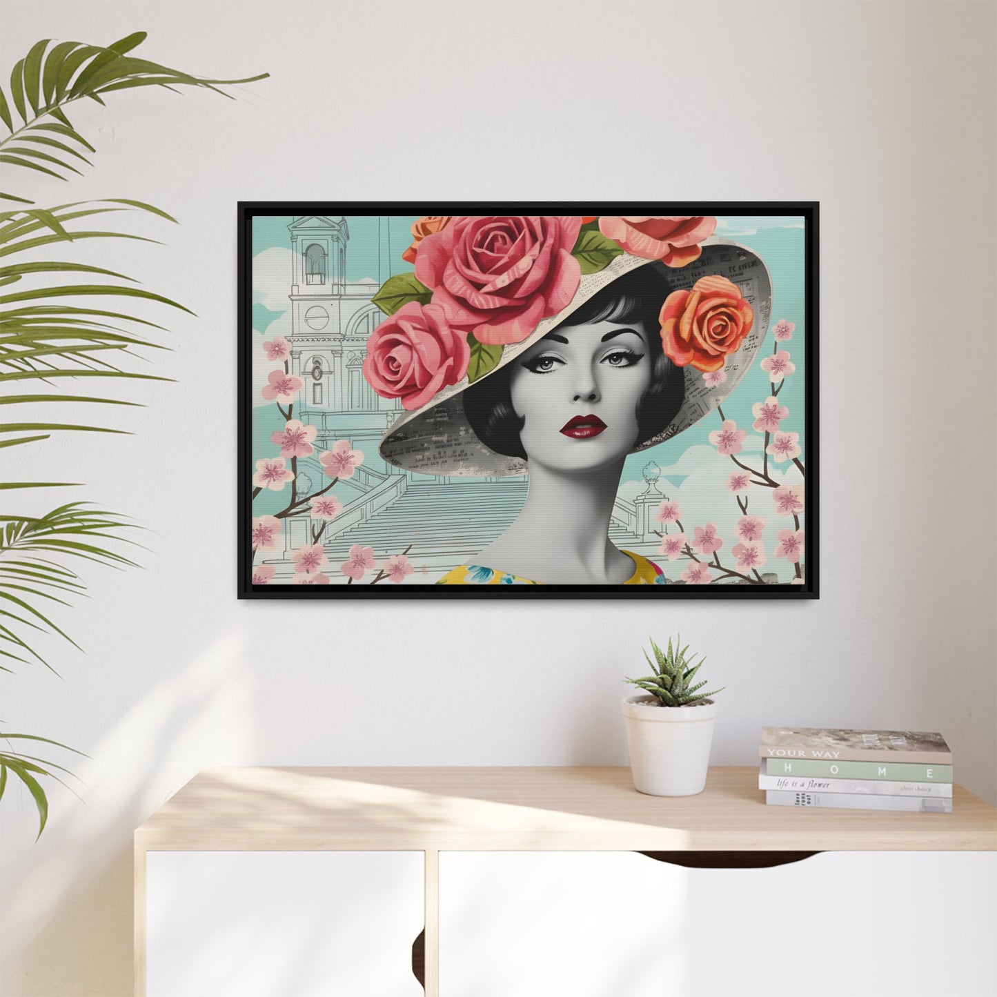 Elegant vintage pop art woman in front of Spanish Steps in Rome Canvas Print