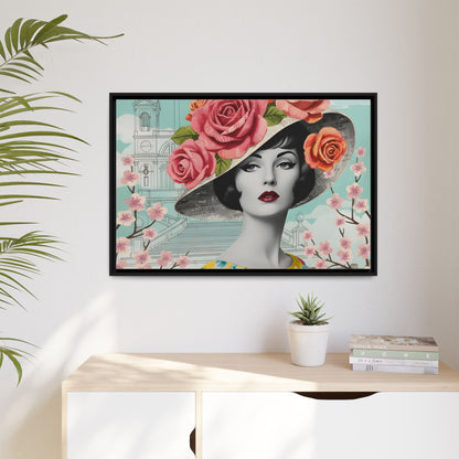 Elegant vintage pop art woman in front of Spanish Steps in Rome Canvas Print