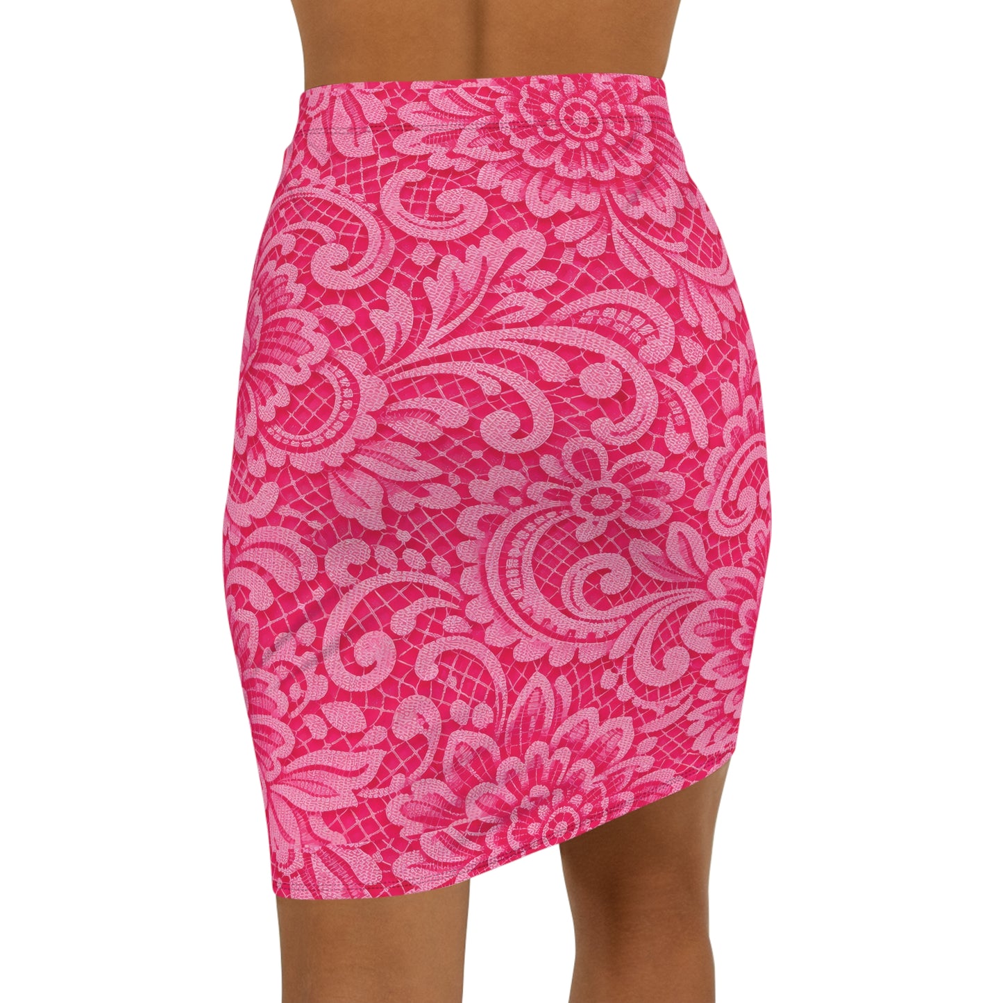 Pink Floral Lace-Pattern Pencil Skirt — Womens Mid-Waist Bodycon