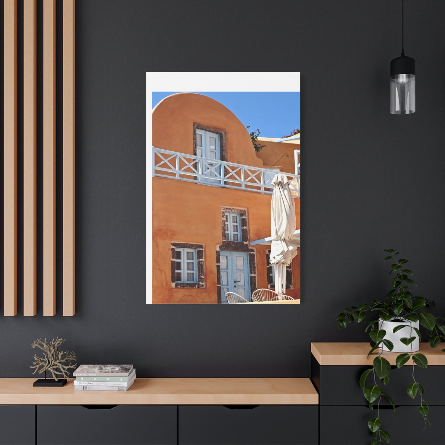 Oia Santorini Orange Facade Canvas — Mediterranean Terracotta Matte Wall Art