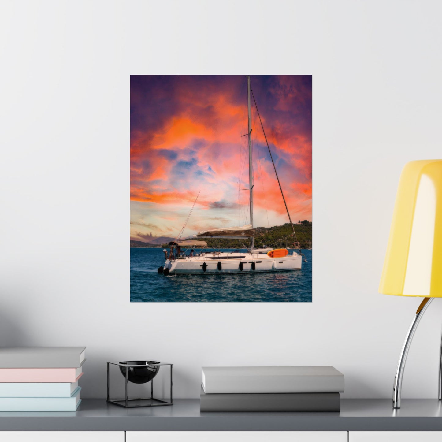 Luxury Yacht Sunset Poster, Mediterranean Sailing Wall Art, Vibrant Orange Sky Seascape, Nautical Home Decor, Modern Sailboat Print