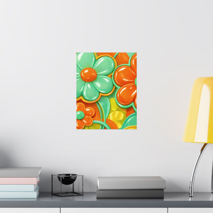Retro Orange Teal Flower Pattern Poster | Satin Poster