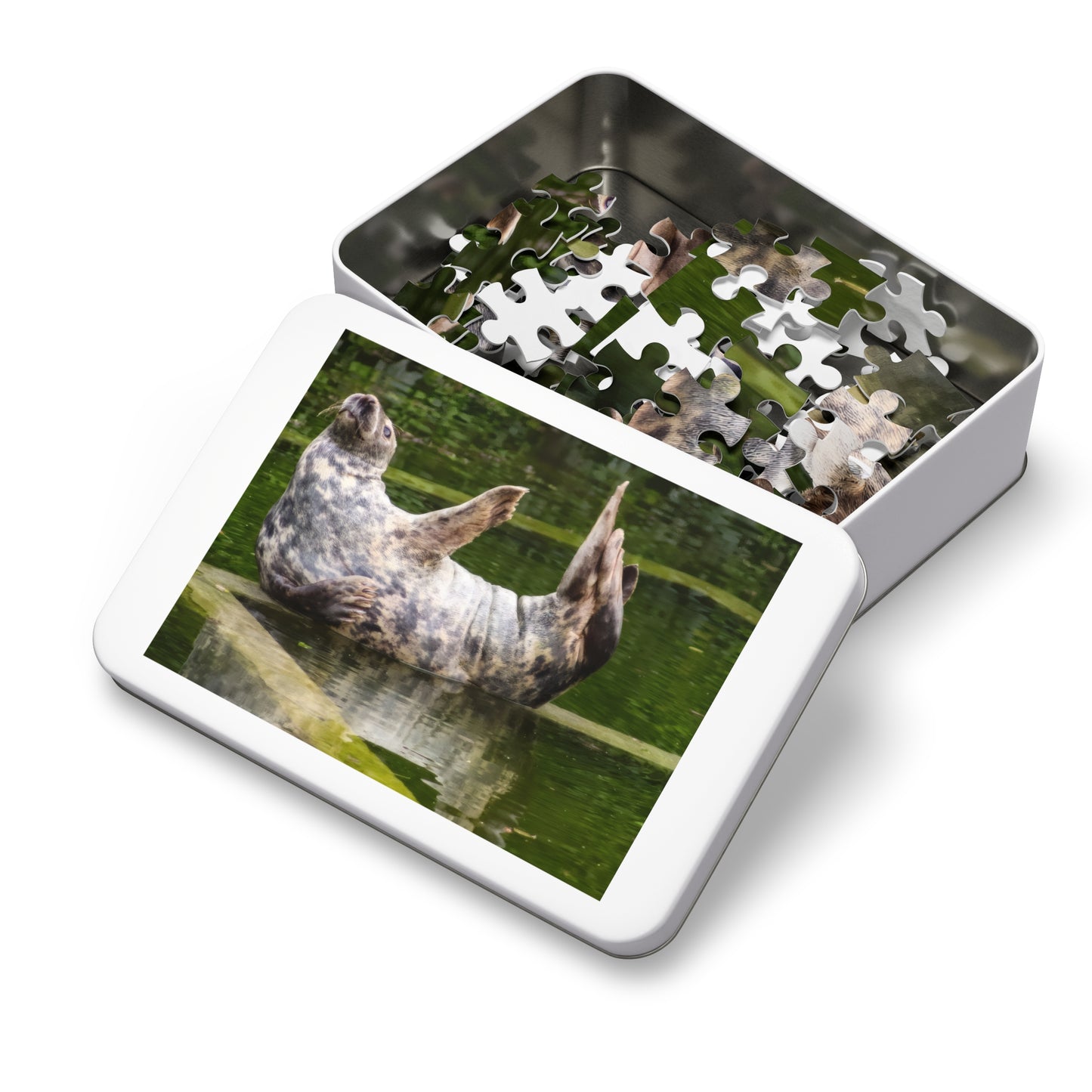 Funny Seal Yoga Jigsaw Puzzle in Tin Box, Relaxed Harbor Seal Game, Cute Marine Life Gift, Quirky Wildlife Puzzle