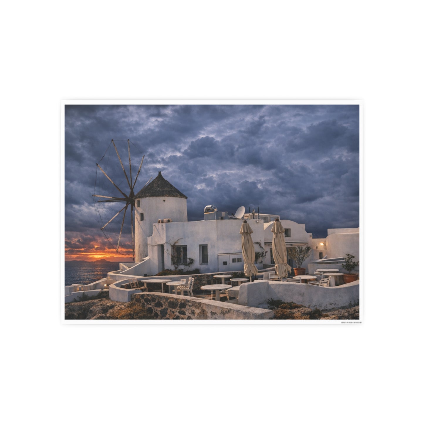 Oia Santorini Windmill Sunset Poster — Mediterranean Landscape Photo Art Print