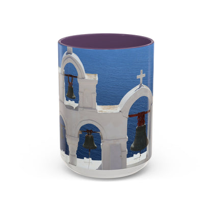 Santorini Bell Towers coffee mug | Greek island scene, blue sea accent mug