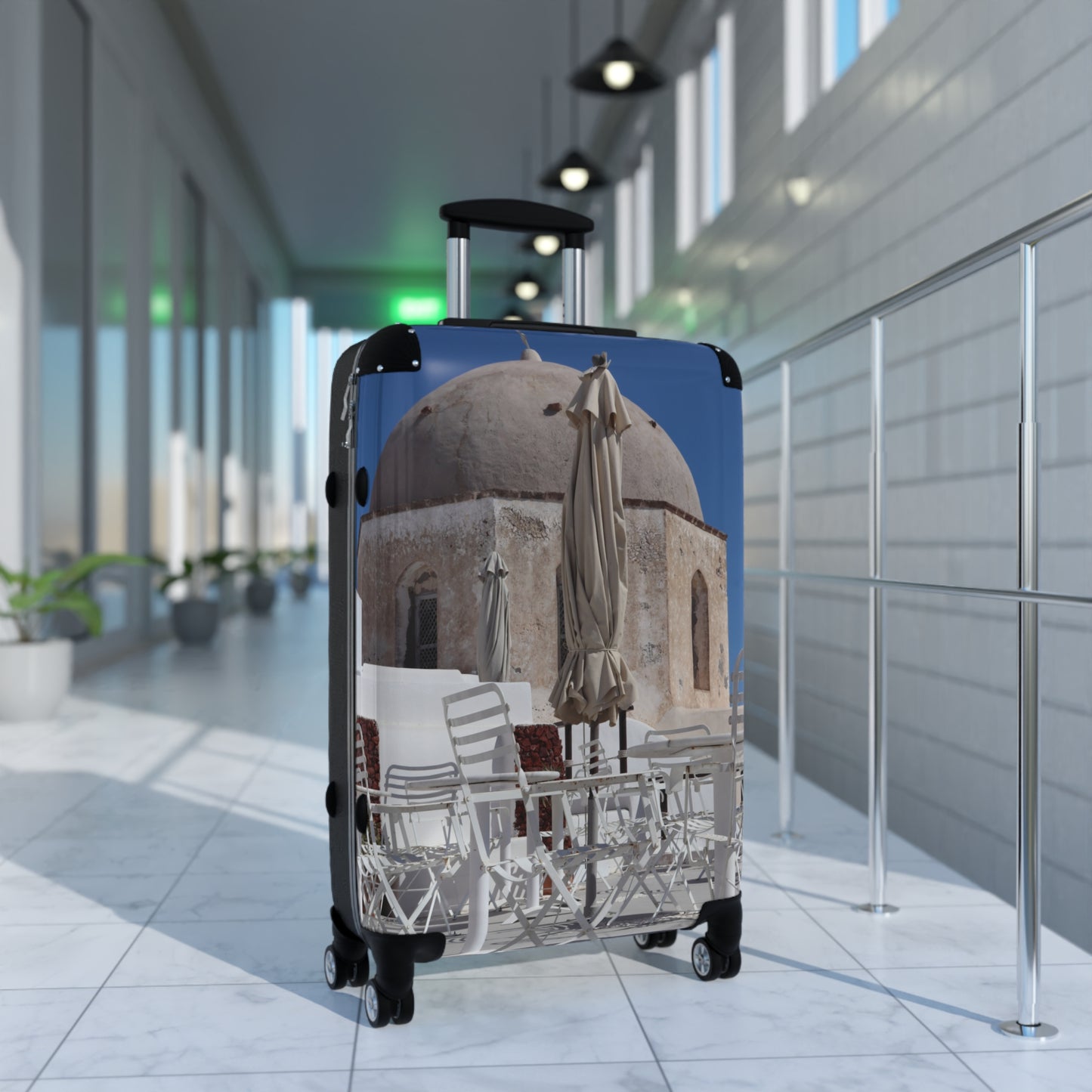 Luxury Santorini Oia Suitcase — Ghost City Edition — Empty Cafe & Ancient Dome Photography