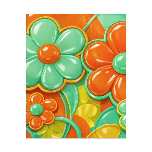Retro Floral Pop Art Rolled Poster | Orange Teal Flower Print