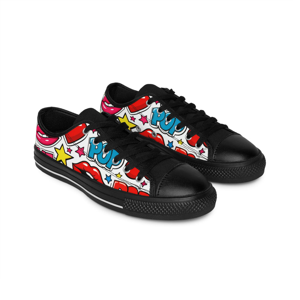 Black sneakers with colorful graphic design on a white background