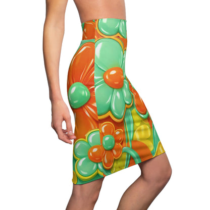 Retro Floral Pencil Skirt — 60s Orange & Teal All-Over Print