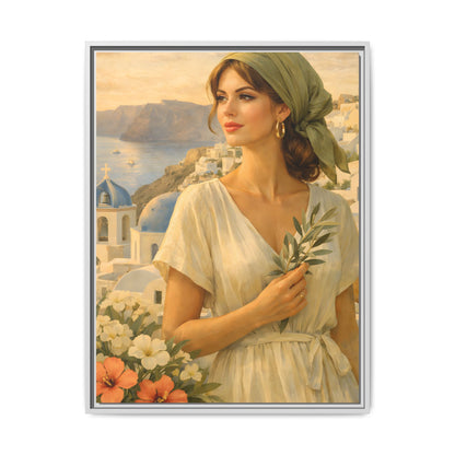 Oia Santorini Greek Woman Portrait — Romantic Vintage Framed Matte Canvas Art