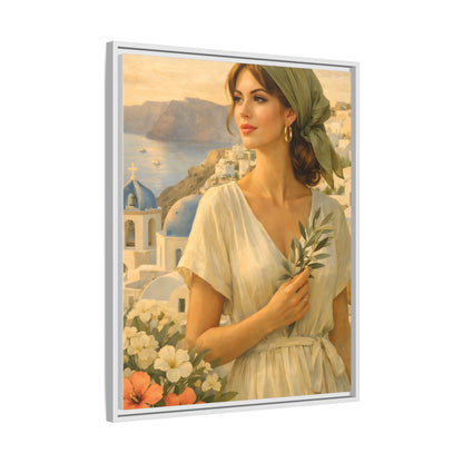 Oia Santorini Greek Woman Portrait — Romantic Vintage Framed Matte Canvas Art