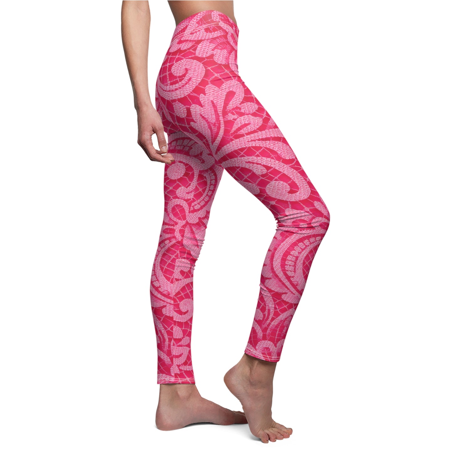Pink Floral Lace Pattern Leggings — Women's All-Over-Print Casual Leggings