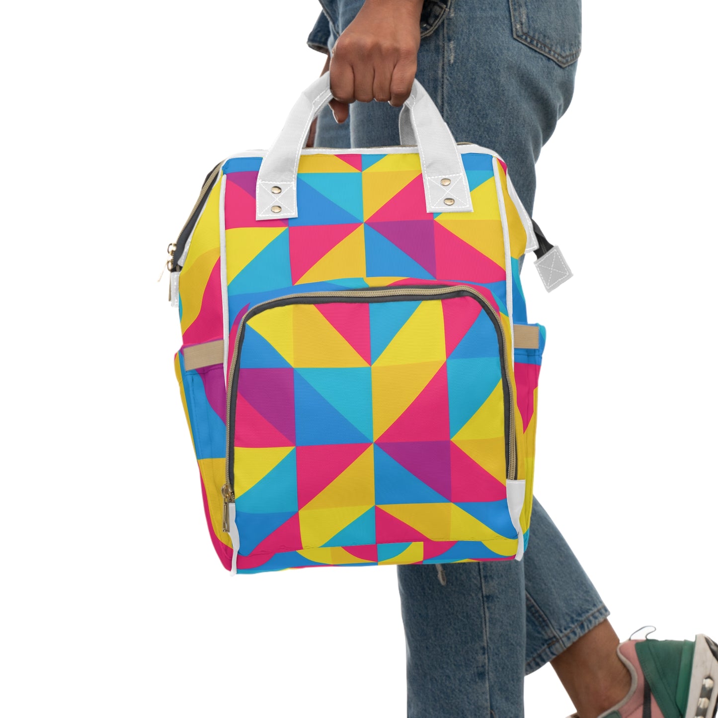 Geometric Colorblock Diaper Backpack – Multifunctional Baby Bag with Bright Tri-Block Pattern