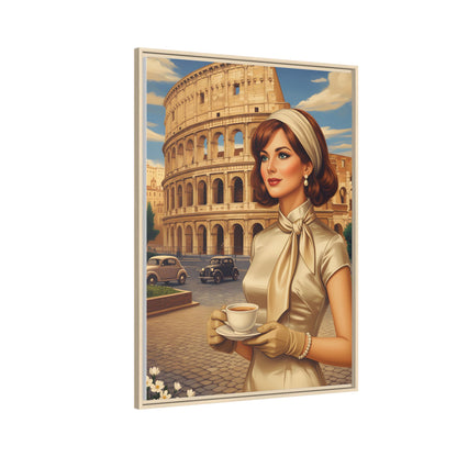 Elegant vintage woman drinking coffee in front of Colosseum in Rome Canvas Print