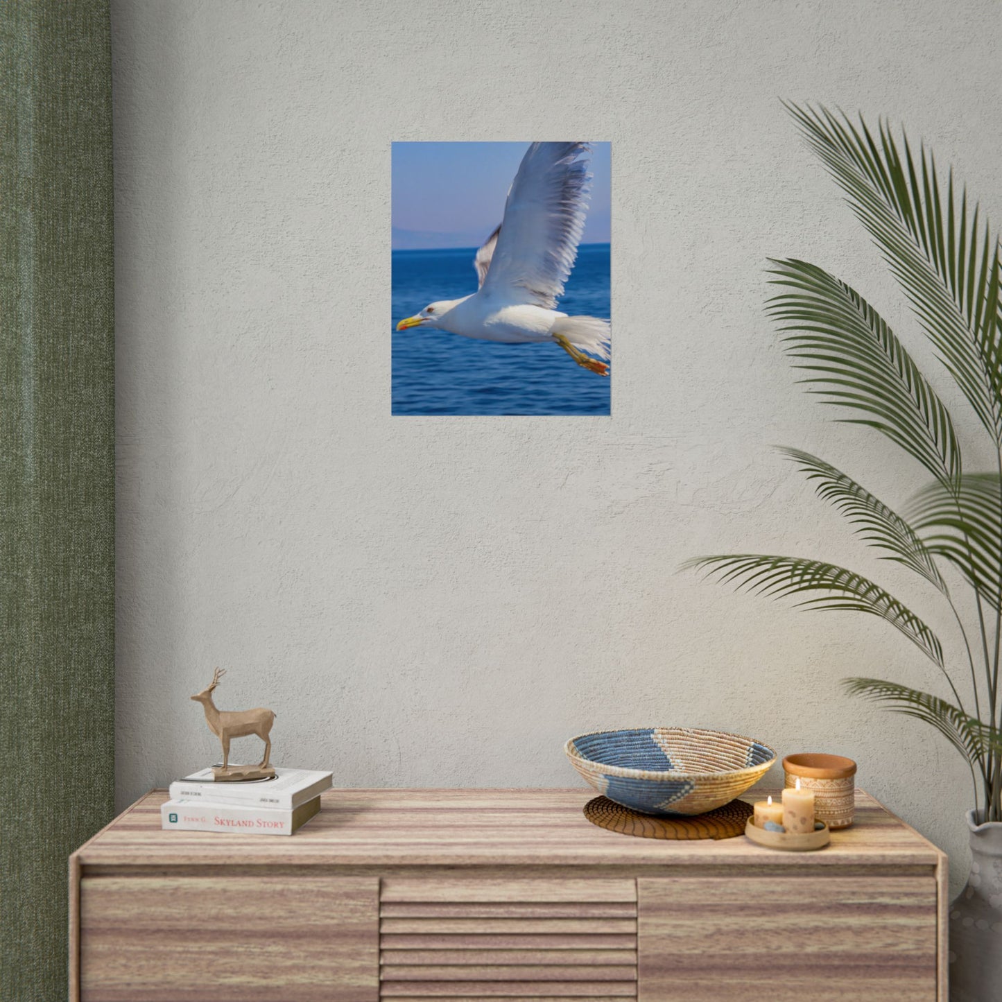Seagull in Flight Poster, Ocean Blue Sea Wall Art, Coastal Bird Photography Print, Mediterranean Nautical Decor, Minimalist Beach House Art