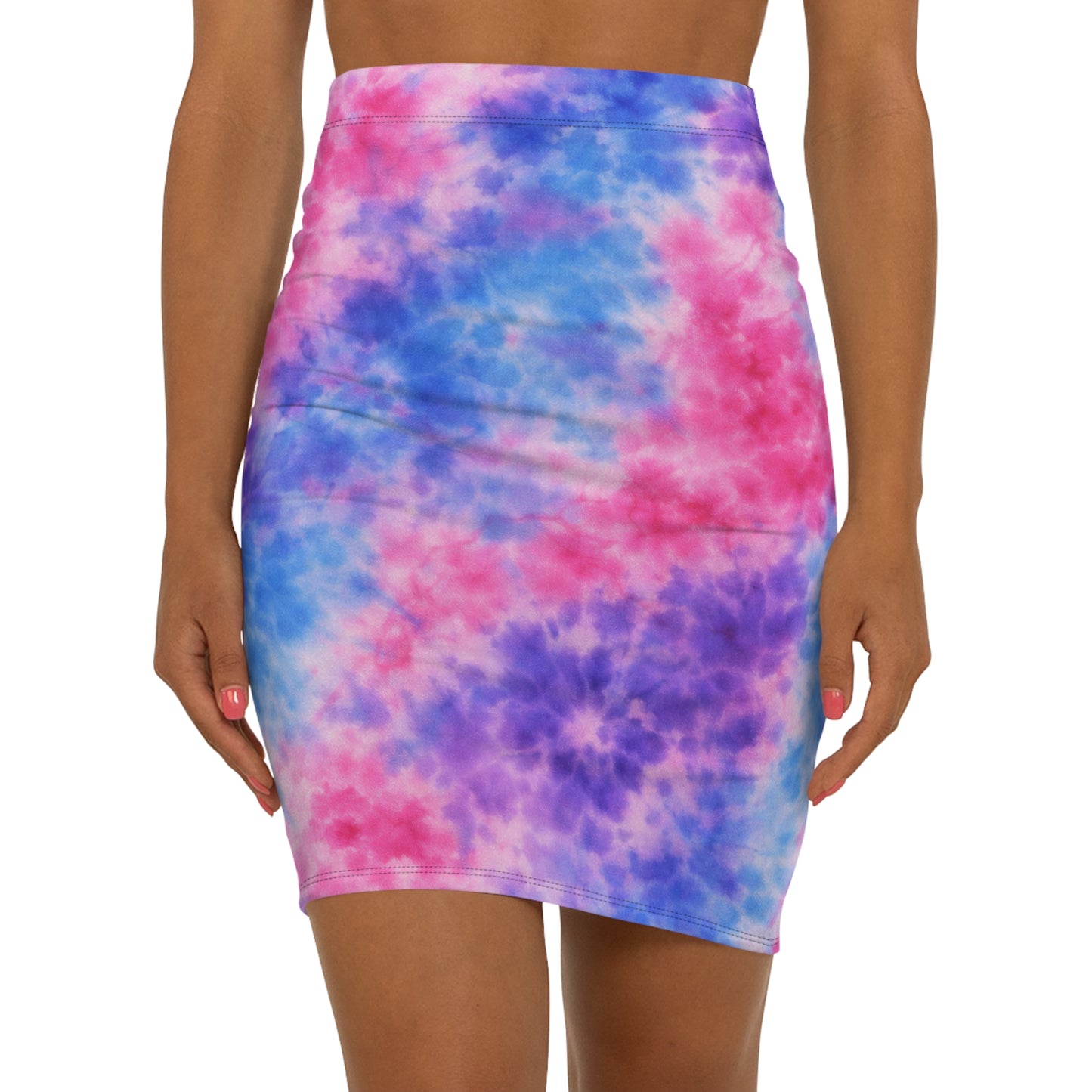 Tie-Dye Pencil Skirt — Pink & Blue Cloud Print Mid-Waist