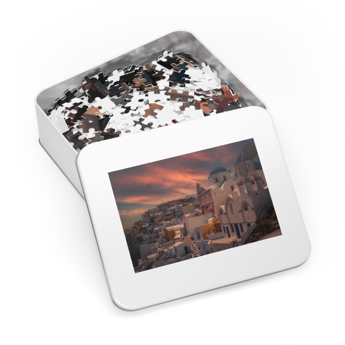 Santorini Sunset Jigsaw Puzzle, Oia Greece Blue Dome Game, Dreamy Mediterranean Sky Art, Greek Island Travel Gift, Aesthetic Scenic Puzzle