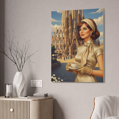 Elegant vintage woman drinking coffee in front of Sagrada Familia in Barcelona, retro fashion illustration Canvas Print - Stretched 1.5"