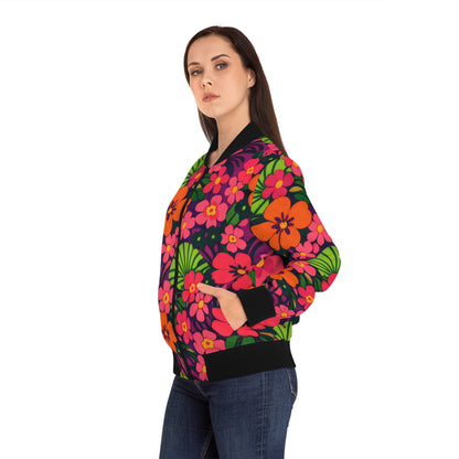 Floral Retro Bomber Jacket — Bright Pink & Orange All-Over Print