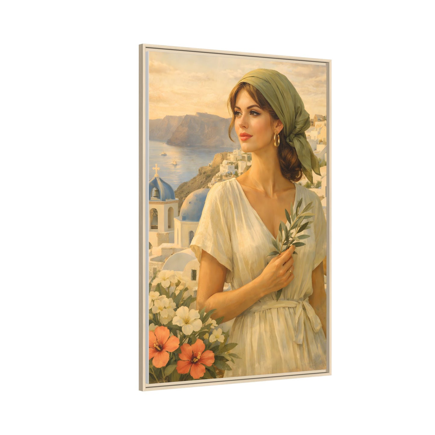 Oia Santorini Greek Woman Portrait — Romantic Vintage Framed Matte Canvas Art