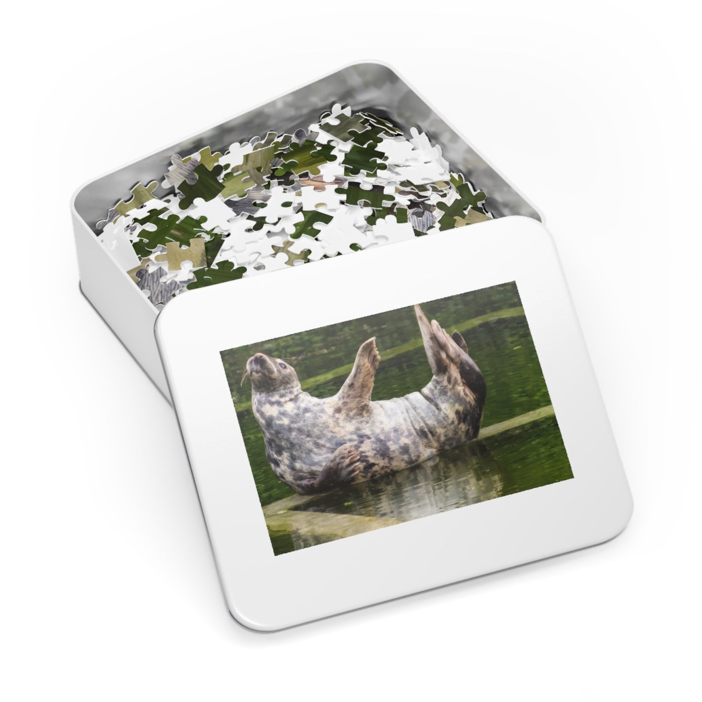 Funny Seal Yoga Jigsaw Puzzle in Tin Box, Relaxed Harbor Seal Game, Cute Marine Life Gift, Quirky Wildlife Puzzle