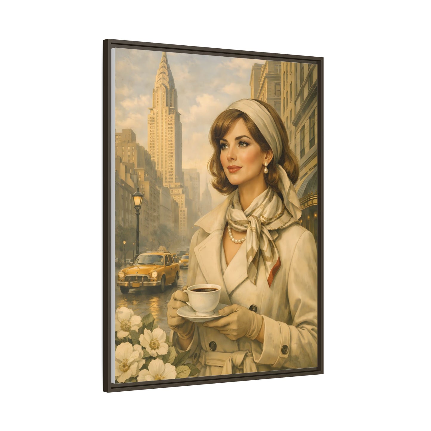 Elegant Vintage Woman with Coffee in New York — Retro Pop Art Framed Canvas